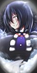  absurdres aircraft airplane airplane_interior airplane_wing black_dress black_hair blush breasts cloud cloudy_sky dress giantess highres houjuu_nue large_breasts neva red_eyes sky solo space touhou 