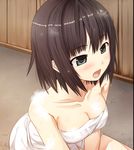  1girl arishima_alice bare_arms bare_legs bare_shoulders black_eyes black_hair blush breasts cleavage collarbone cura eyebrows eyebrows_visible_through_hair flat_(company) game_cg highres indoors large_breasts legs looking_away monobeno nude open_mouth short_hair sitting soap_bubbles solo thighs towel 
