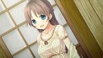  1girl blue_eyes blush braid breasts brown_hair collarbone cura dutch_angle flat_(company) game_cg happy highres indoors large_breasts long_hair looking_at_viewer monobeno open_mouth sawai_natsuha short_sleeves smile solo upper_body 