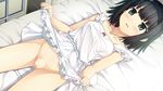  1girl arishima_alice bare_arms bare_legs bed black_hair blush breasts censored cura erect_nipples flat_(company) game_cg green_eyes highres legs lying monobeno mound_of_venus no_panties on_back on_bed parted_lips pussy pussy_juice shaved shaved_pussy short_hair small_breasts solo thighs wet 