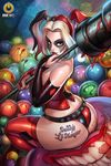  1girl ass ball batman_(series) blood corset dc_comics elbow_gloves face_paint gloves harley_quinn reiq short_shorts sitting smile solo tattoo thighhighs twintails two-tone_hair weapon_over_shoulder 