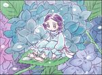  anklet barefoot black_hair do_do_goki flower hydrangea leaf nature solo yayoi_period 