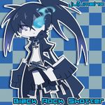  artist_name bikini_top black_rock_shooter black_rock_shooter_(character) blue_eyes blue_hair burning_eye character_name checkered checkered_background commentary frown gloves hood hoodie jujumaho_(nanigaxila) long_coat long_hair open_clothes panty_&amp;_stocking_with_garterbelt parody short_shorts shorts solo style_parody twintails white_skin 