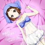  bed_sheet bloomers bow brown_hair collar headdress hyouka ibara_mayaka looking_at_viewer lying madoromi_no_yakusoku navel on_back purple_eyes ragho_no_erika see-through sheet_grab short_hair solo underwear 