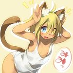  :d ahoge animal_ears armpits blonde_hair blue_eyes blush cat_ears cat_tail eyebrows eyebrows_visible_through_hair fang flat_chest heterochromia looking_at_viewer mizuki_kotora nipple_slip nipples open_mouth original panties pose see-through short_hair simple_background smile solo speech_bubble tail tank_top thick_eyebrows underwear underwear_only yellow_eyes 