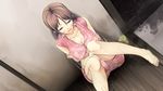  1girl bare_arms barefoot blush breasts brown_hair cleavage collarbone crossed_arms crying cup cura dutch_angle erect_nipples feet flat_(company) game_cg green_eyes highres large_breasts legs long_hair looking_down midriff monobeno pajamas parted_lips rain sad sawai_natsuha shorts sitting solo tears thighs toes water wet wet_clothes 