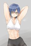  1girl abs armpits arms_behind_head blue_hair breasts female glasses green_eyes large_breasts muscle shigure_kasumi short_hair simple_background solo valkyrie_drive valkyrie_drive_-mermaid- 