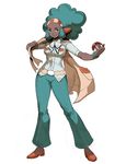  1girl afro aloe_(pokemon) blue_hair dark_skin genzoman gym_leader looking_at_viewer parted_lips poke_ball pokemon pokemon_(game) pokemon_bw smile solo 