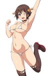  arm_up armpits bikini black_eyes blush breasts brown_hair choker clenched_hand eyebrows eyebrows_visible_through_hair front-tie_bikini front-tie_top headgear hiei_(kantai_collection) kantai_collection large_breasts leg_up looking_at_viewer micro_bikini navel one_eye_closed open_mouth outstretched_arm sama_samasa shoes short_hair side-tie_bikini simple_background smile solo swimsuit teeth thighhighs white_background white_bikini 