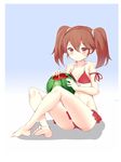  bad_id bad_pixiv_id bikini breasts brown_eyes collarbone error food fruit full_body highres indian_style kantai_collection looking_at_viewer ootsuki_momiji red_bikini ryuujou_(kantai_collection) sitting small_breasts smile solo swimsuit twintails watermelon 