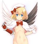  asymmetrical_wings beret black_wings blonde_hair blue_eyes blush bottomless bow breasts capelet commentary_request fur-trimmed_gloves fur_trim gauntlets gloves hat hat_bow maaru_(shironeko_project) naked_capelet navel nipples out-of-frame_censoring shironeko_project short_hair small_breasts smile solo theta_(ponkotsu_works) white_gloves white_wings wings 