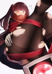  1girl absurdres alternate_costume bangs black_legwear blush bound breasts brown_coat coat commentary_request dinergate_(girls_frontline) embarrassed eyebrows_visible_through_hair flying_sweatdrops girls_frontline gloves hair_ornament hair_ribbon highres large_breasts leg_up long_hair looking_at_viewer one_side_up open_mouth panties panties_under_pantyhose pantyhose pnatsu purple_hair red_eyes red_ribbon red_scarf ribbon scarf sidelocks simple_background thighband_pantyhose tied_up torn_clothes torn_legwear underwear very_long_hair wa2000_(girls_frontline) white_background 