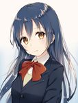  :t blazer blue_hair bow bowtie brown_eyes jacket long_hair looking_at_viewer love_live! love_live!_school_idol_project otonokizaka_school_uniform rikoma school_uniform solo sonoda_umi upper_body 