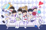  :&gt; :d alternate_eye_color blue_eyes bouquet bow bowtie brothers brown_hair couch eyewear_on_head flower formal gift green_eyes grin hat heart heart_in_mouth male_focus matsuno_choromatsu matsuno_ichimatsu matsuno_juushimatsu matsuno_karamatsu matsuno_osomatsu matsuno_todomatsu multiple_boys necktie nightcat one_eye_closed open_mouth osomatsu-kun osomatsu-san pink_eyes purple_eyes red_eyes rose sextuplets shorts siblings sitting sleeves_past_wrists smile stuffed_animal stuffed_toy suit sunglasses teddy_bear white_day yellow_eyes 
