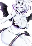  1girl black_sclera borrowed_character breasts cleavage curvy demon_girl demon_tail female large_breasts monster_girl original pale_skin parted_lips purple_eyes silver_hair simple_background slugbox solo star-shaped_pupils swimsuit symbol-shaped_pupils tail thick_thighs wide_hips 
