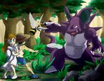  1boy 1girl battle beedrill brown_hair bug_catcher_(pokemon) donnpati dress forest hat lady_(pokemon) long_hair nature nidoking npc_trainer pokemon pokemon_(game) protecting shorts trees 