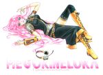  aqua_eyes artist_name blue_nails breasts character_name colored_pencil_(medium) crayon_(medium) hand_in_hair headphones headset hisekai lips long_hair looking_at_viewer lying marker_(medium) medium_breasts megurine_luka nail_polish open_mouth pink_hair skirt solo thighhighs traditional_media very_long_hair vocaloid 