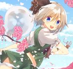  :d black_hairband blue_eyes blue_sky blush cherry_blossoms cloud day dutch_angle flower hairband highres hitodama katana konpaku_youmu konpaku_youmu_(ghost) looking_at_viewer looking_back open_mouth petals puffy_sleeves shirt short_hair short_sleeves silver_hair skirt skirt_set sky smile solo sword touhou upper_body varyu vest weapon 