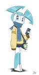  bag blue_eyes blue_hair blush can clothed clothing female gir hair invader_zim jacket jenny_wakeman looking_at_viewer machine miniskirt mlaatr my_life_as_a_teenage_robot not_furry oil robot scarf skirt solo standing xj9 
