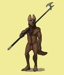  2015 anthro balls body_hair brown_fur canine chest_tuft flaccid fur halberd happy_trail long_ears male mammal melee_weapon nude penis polearm pubes rml solo standing tuft uncut weapon 