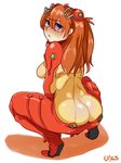  ass blue_eyes blush bodysuit breasts evangelion:_2.0_you_can_(not)_advance from_behind full_body hair_ornament highres lightsource long_hair looking_at_viewer neon_genesis_evangelion orange_hair plugsuit rebuild_of_evangelion shikinami_asuka_langley skin_tight solo souryuu_asuka_langley squatting test_plugsuit two_side_up 