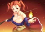  bare_shoulders breasts brown_eyes brown_hair cleavage dragon_quest dragon_quest_viii earrings fire flame jessica_albert jewelry large_breasts looking_at_viewer miyai_sen necklace open_mouth shiny shiny_skin shirt solo staff taut_clothes taut_shirt twintails 