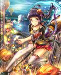  aircraft black_hair broom broom_riding candy floating food glasses halloween highres hot_air_balloon hourainingyou jack-o'-lantern long_hair original pumpkin red_eyes solo twintails 