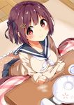  breasts brown_eyes brown_hair chikuwa. hair_ribbon kotatsu large_breasts looking_at_viewer original ribbon school_uniform serafuku short_hair solo table 