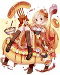  banana_slice blonde_hair bowl brown_eyes cherry commentary_request food food_themed_clothes fork fruit givuchoko hair_ornament highres juliet_sleeves licking long_sleeves looking_at_viewer md5_mismatch morinaga_(brand) original pancake personification puffy_sleeves shirt short_hair sitting skirt smile solo syrup whipped_cream whisk 
