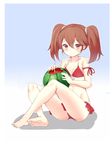  bad_id bad_pixiv_id barefoot bikini breasts brown_eyes collarbone food fruit full_body highres indian_style kantai_collection looking_at_viewer ootsuki_momiji red_bikini revision ryuujou_(kantai_collection) simple_background sitting small_breasts smile solo swimsuit twintails watermelon 