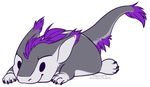 2016 ailuranthropy ambiguous_gender black_eyes claws cute english_text feral fur grey_fur hair lying nude on_front purple_fur purple_hair sergal signature simple_background smile solo storm_(stormblazer) text toe_claws white_background white_fur 
