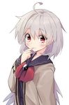  ahoge blush bow bowtie dress finger_to_mouth jacket kishin_sagume long_sleeves looking_at_viewer red_eyes short_hair silver_hair simple_background single_wing solo touhou upper_body waira white_background wings 