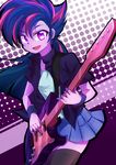  bangs bass_guitar caibao collarbone cowboy_shot instrument looking_at_viewer multicolored_hair my_little_pony my_little_pony_equestria_girls my_little_pony_friendship_is_magic open_mouth personification polka_dot polka_dot_background purple_eyes purple_skin skirt smile solo spiked_hair thighhighs twilight_sparkle zettai_ryouiki 
