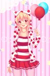  :d animal_hood arm_at_side bad_deviantart_id bad_id balloon blonde_hair blush cat_hood collarbone colored_eyelashes eyebrows eyebrows_visible_through_hair fast-runner-2024 highres holding holding_balloon hood hoodie legs_apart long_hair long_sleeves looking_at_viewer miniskirt open_clothes open_hoodie open_mouth original pantyhose pink_background pink_legwear pleated_skirt polka_dot polka_dot_hoodie rainbow red_eyes red_skirt round_teeth shirt shooting_star simple_background skirt slit_pupils smile solo standing star striped striped_background striped_shirt tareme teeth tiffy vertical-striped_background vertical_stripes 