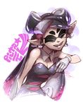  ^_^ aori_(splatoon) black_dress black_hair breasts cleavage closed_eyes detached_collar domino_mask dress earrings eyebrows fangs food food_on_head gloves highres jewelry long_hair mask medium_breasts mike_nesbitt object_on_head pointy_ears solo splatoon_(series) splatoon_1 strapless strapless_dress tentacle_hair thick_eyebrows white_gloves 