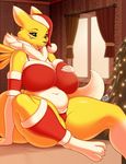  2016 anthro areola big_breasts black_nose blue_eyes bra breasts canine chest_tuft christmas christmas_tree claws clothing daxzor digimon female fur hat hindpaw holidays huge_breasts inside lips looking_at_viewer mammal navel panties paws renamon sitting slightly_chubby smile solo thick_thighs tree tuft underwear voluptuous white_fur window yellow_fur 