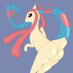  anthro anthrofied balls black_eyes butt hair hi_res horn long_hair looking_at_viewer looking_back male mammal milotic nintendo nude open_mouth pink_sclera pok&eacute;mon posexe raised_tail rear_view scalie sea_serpent simple_background solo standing video_games white_skin 