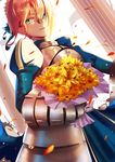  absurdres armor armored_dress artoria_pendragon_(all) blonde_hair bouquet breastplate fate/stay_night fate_(series) flower flower_request green_eyes hair_between_eyes highres juliet_sleeves long_sleeves looking_at_viewer lucky_(1045044604) petals puffy_sleeves saber smile solo 