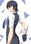  black_eyes black_gloves black_hair blue_neckwear ese_shinshi gloves grisaia_(series) grisaia_no_kajitsu holding holding_knife kazami_yuuji knife looking_at_viewer male_focus necktie solo 