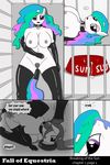  2016 anthro anthrofied bowl broken_horn cage clothing collar cum cutie_mark dialogue elbow_gloves english_text equine fall_of_equestria female friendship_is_magic gloves horn legwear lying mammal my_little_pony nude ponkpank princess_celestia_(mlp) pussy rubber slave solo stockings tail_wrap text winged_unicorn wings wraps 