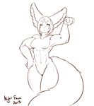  2013 anthro breasts canine english_text female fennec fox fur hair long_hair looking_at_viewer mammal monochrome muscular muscular_female navel nightfaux nipples nude one_eye_closed pussy signature simple_background smile solo text white_background wide_hips wink 