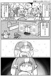  4koma comic commentary fakkuma fei_fakkuma fictional_persona final_fantasy final_fantasy_xiv glasses greyscale house lalafell monochrome multicolored_hair multiple_girls pointy_ears scholar_(final_fantasy) snowing snowman translated twintails white_mage 