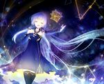  black_legwear closed_eyes detached_sleeves dress hair_ornament long_hair mary_(14476764) purple_dress purple_hair quad_tails solo thighhighs vocaloid xingchen 