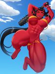  abs aki-san_94 bikini black_hair breasts cleavage club demon_girl female horns kanabou large_breasts long_hair monster_girl muscle navel oni orange_eyes red_oni red_skin solo weapon 