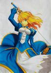  ahoge artoria_pendragon_(all) bad_id bad_pixiv_id blonde_hair breasts caliburn cleavage dress fate/stay_night fate_(series) green_eyes long_hair medium_breasts official_style paper_texture saber scabbard sheath smile sndbr solo sword teeth traditional_media weapon white_background 