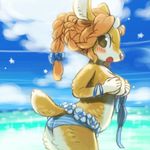  beach bikini blush bracelet braided_hair breasts cervine clothed clothing covering covering_breasts deer female hair hair_bow hair_ribbon jewelry kemono looking_back mammal red_hair ribbons seaside swimsuit topless utsuki_maito 