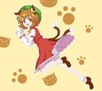  absurdres animal_ears animal_print bloomers blush brown_eyes brown_hair cat_ears cat_print cat_tail chen dress earrings fang from_side full_body hat highres jewelry leg_up long_sleeves looking_at_viewer looking_back mary_janes mob_cap multiple_tails oninamako open_mouth paw_pose paw_print red_dress shoes short_hair smile socks solo standing tail touhou underwear white_legwear 
