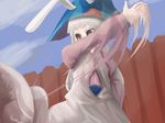  animal_ears arm_up blue_hat blue_sky bunny_ears cowboy_shot day drawfag fence hat irisu_kyouko irisu_shoukougun! long_sleeves motion_blur outdoors red_eyes silver_hair sky solo upper_body 