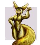  2013 anthro breasts brown_fur canine female fennec fox fur green_eyes hair long_hair looking_at_viewer mammal muscular muscular_female navel nightfaux nipples nude one_eye_closed pink_nose pussy simple_background smile solo text white_background white_fur wide_hips wink 