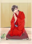  bangs brown_hair cushion fan folding_fan hands_together japanese_clothes kimono male_focus matsuno_osomatsu osomatsu-kun osomatsu-san rakugo seiza sitting smile solo swept_bangs tenugui twitter_username yukihara zabuton 